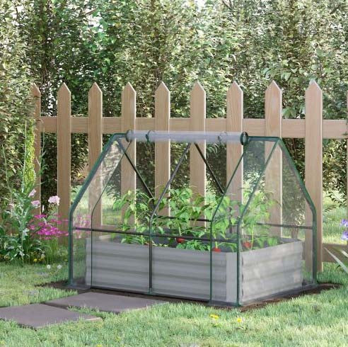 green house planter Galvanized Raised Garden Bed with Mini PVC Greenhouse Cover, Outdoor Metal Planter Box with Roll-Up Window for Growing Flowers, Fruits, Vegetables and