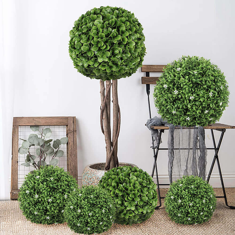 Indoor 15 in. Artificial Boxwood Topiary Ball Artificial Plant Ball with White Flower for Wedding Party Decoration