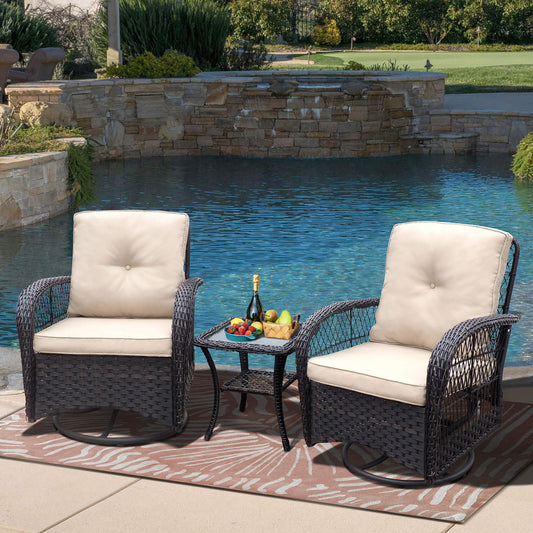 Arttoreal Outdoor Swivel Rocker Patio Chairs Set of 2 and Matching Side Table / 3 Piece Wicker Patio Bistro Set with Premium Fabric Cushions
