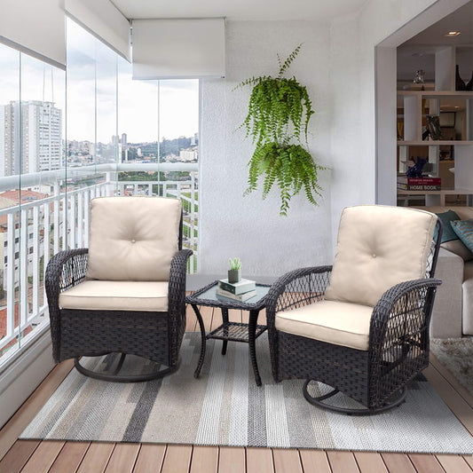 Arttoreal Outdoor Swivel Rocker Patio Chairs Set of 2 and Matching Side Table / 3 Piece Wicker Patio Bistro Set with Premium Fabric Cushions