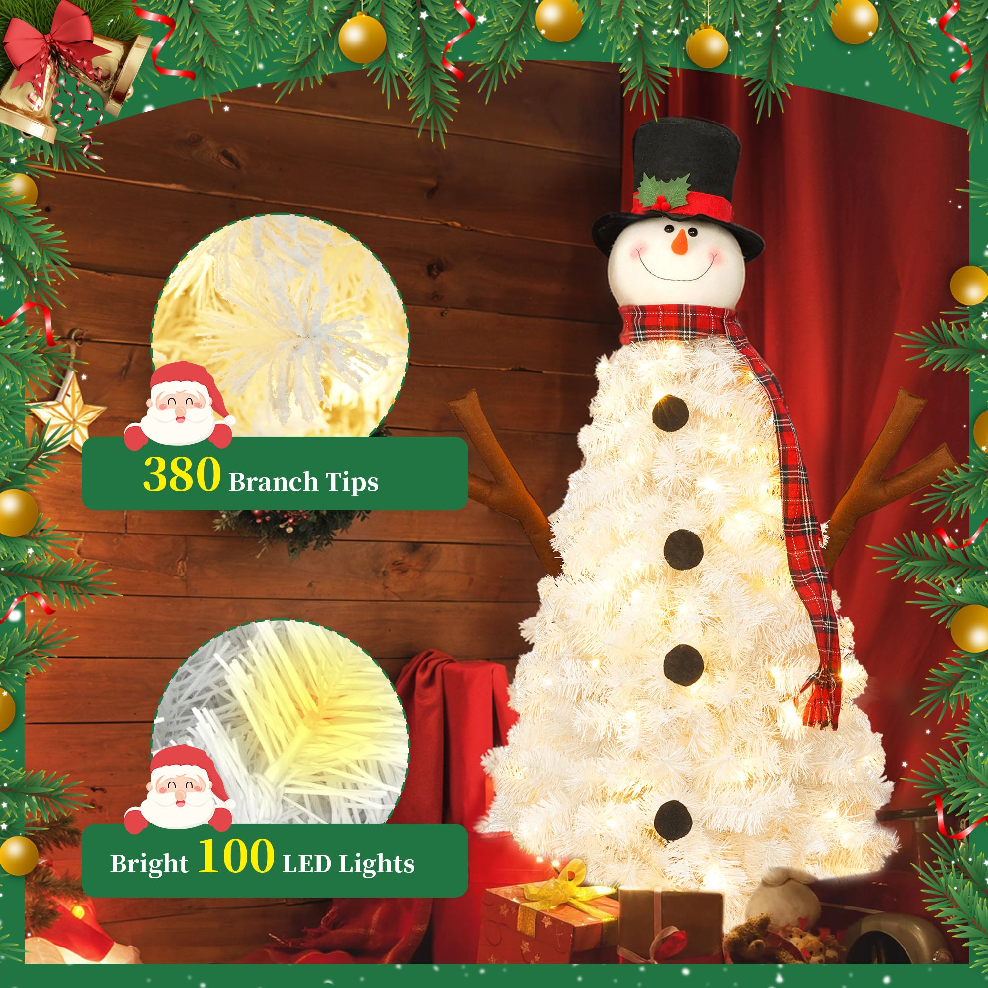 4ft Pre-Lit Snowman Christmas Tree with 100 Lights, 380-Tip PVC Artificial Tree for Indoor/Outdoor Holiday Decoration