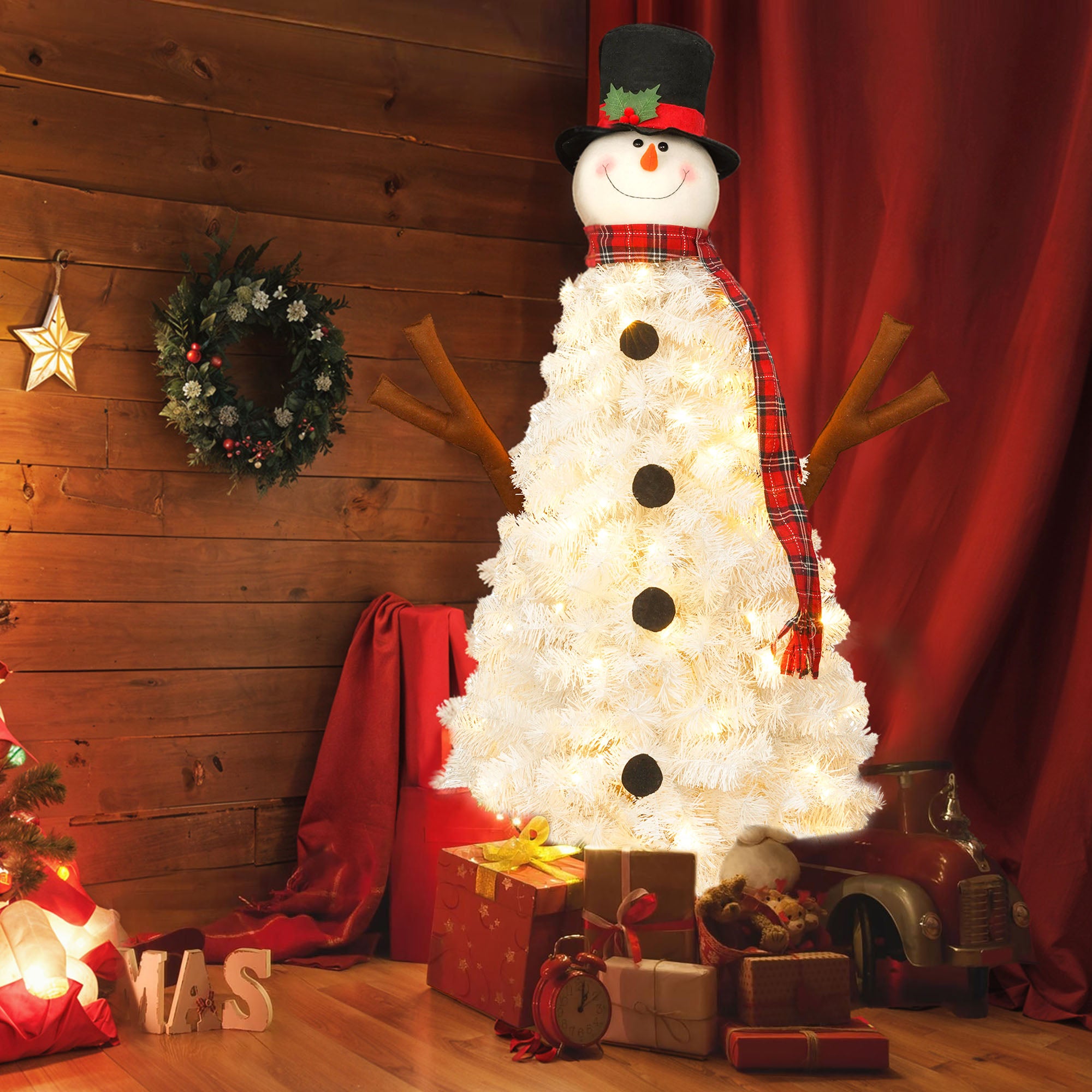 4ft Pre-Lit Snowman Christmas Tree with 100 Lights, 380-Tip PVC Artificial Tree for Indoor/Outdoor Holiday Decoration