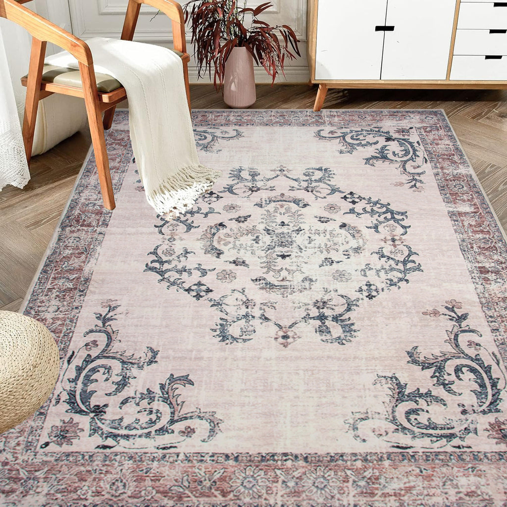 Vintage Bohemian Living Room Area Rug 5x7, Non-Slip Machine Washable Rug, Traditional Persian Area Rug, Non-Shedding Floor Carpet for Bedroom Dining Room Kitchen Entrance
