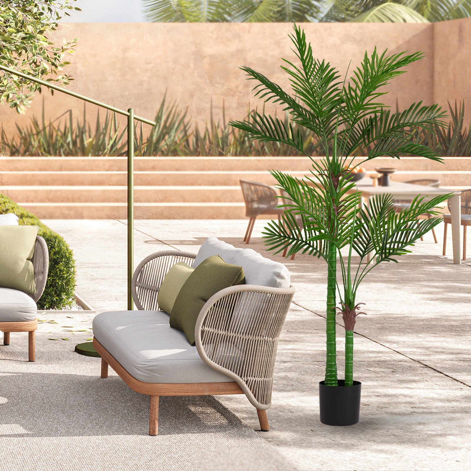 Artificial Golden Cane Palm Tree, 180cm Tall Faux Areca Palm Plant in Pot for Indoor or Outdoor Home and Office Decor, Adjustable Trunk,