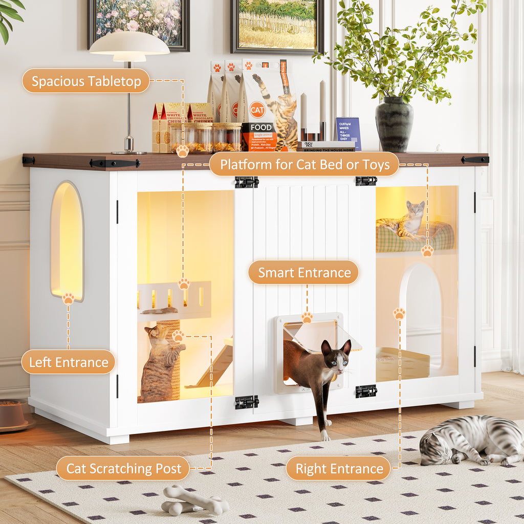 47.25" Large Cat Litter Box Enclosure with LED Light, Hidden Litter Box Furniture, Cat House with Stairs and Cat Scratching Post, Cat Cabinet Side Table with Smart Doors for Living Room, White