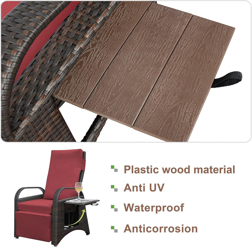 Outdoor patio rattan chair, all-weather PE rattan chair, with fold-down side table, independently adjustable footrest and adjustable recliner.