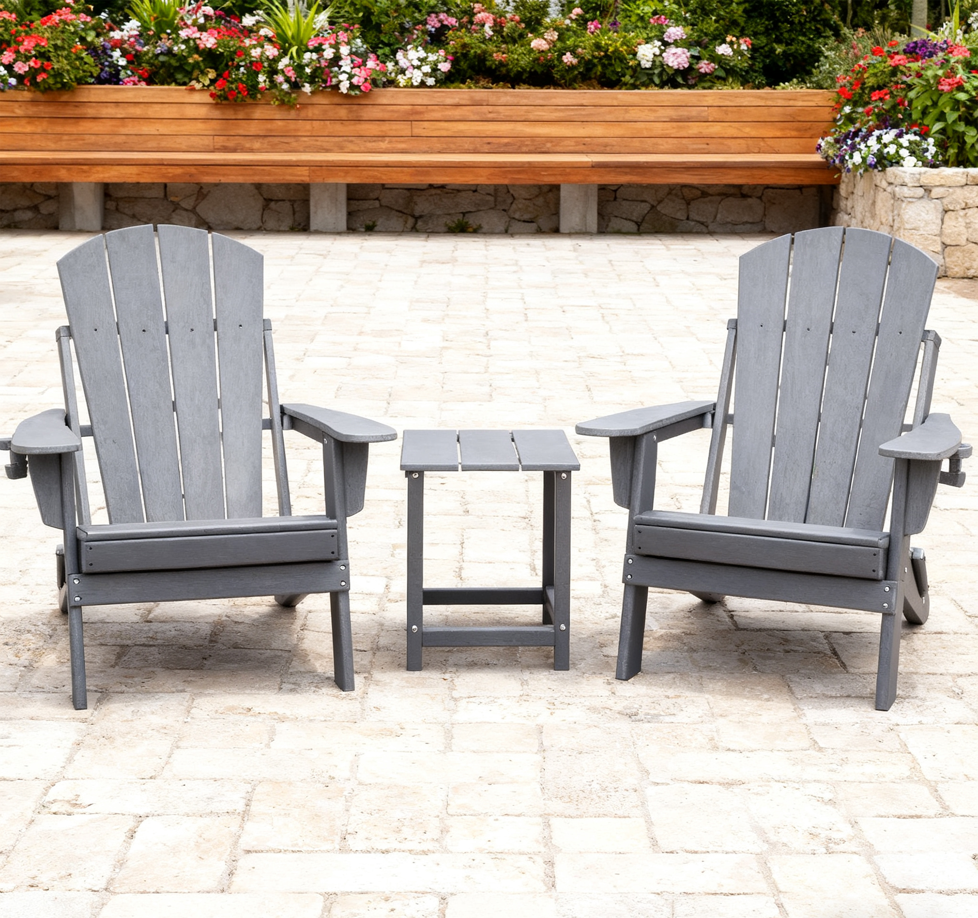 3 Pieces Folding Adirondack Chairs, Patio Fire Pit Chairs, Outdoor Weather Resistant Lounger with Cup Holder, Coffee Table for Deck, Backyard, Garden