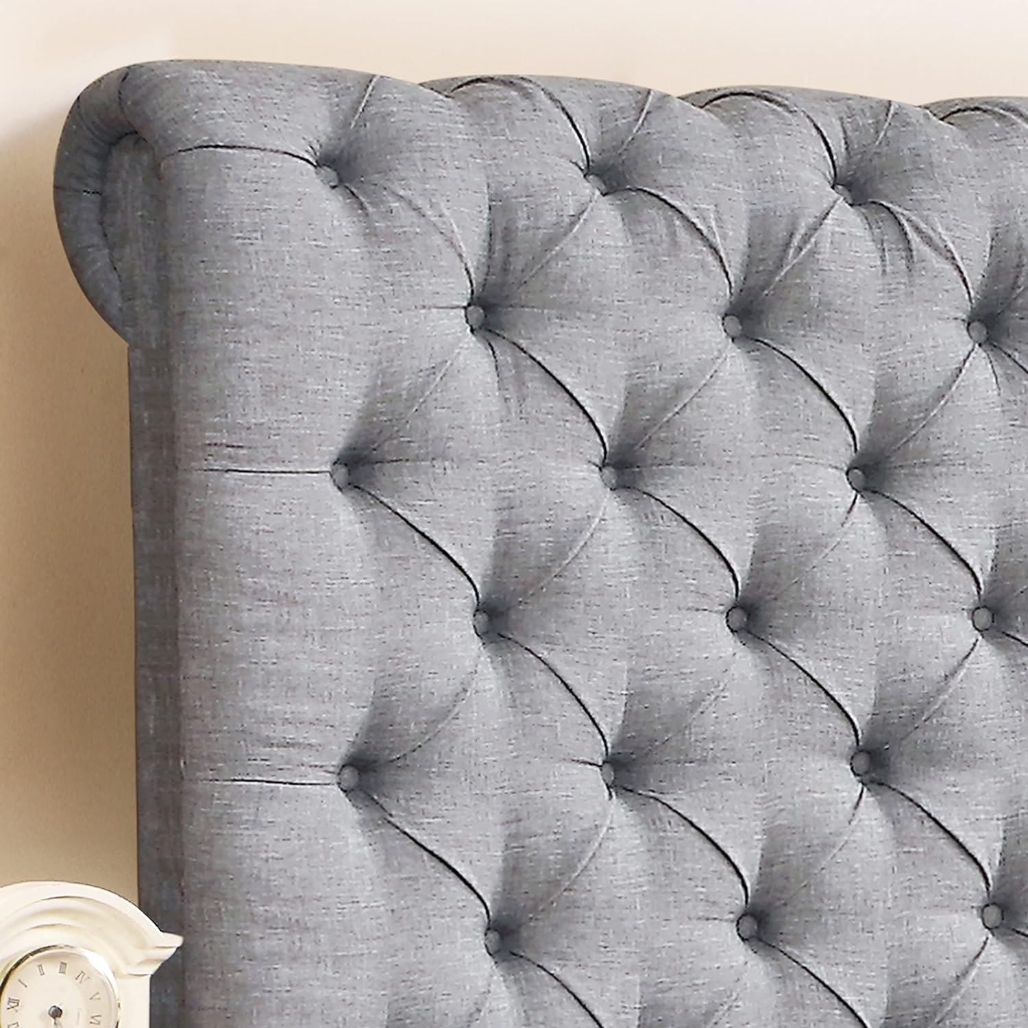 Upholstered fabric bed frame with adjustable headboard, Chesterfield style, wooden slatted supports, easy to assemble, single size