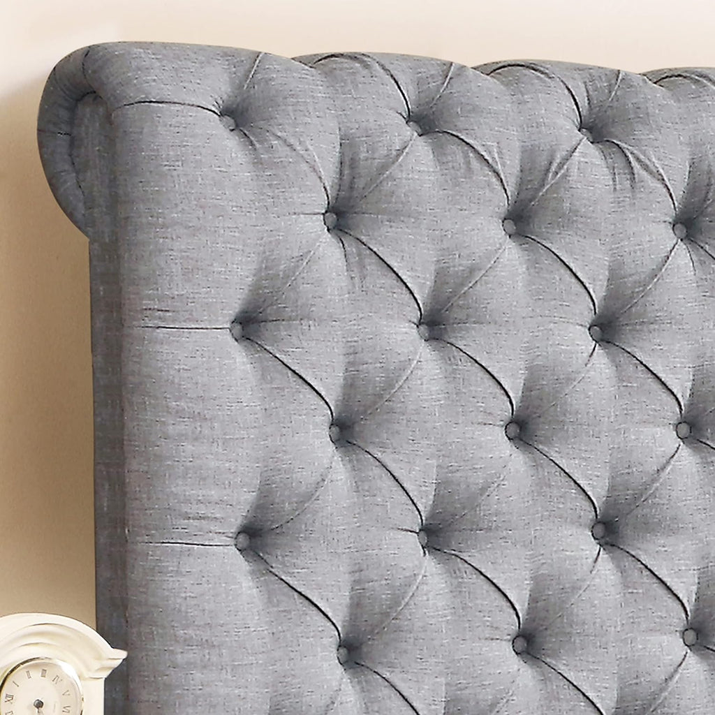 Upholstered fabric bed frame with adjustable headboard, Chesterfield style, wooden slatted supports, easy to assemble, single size