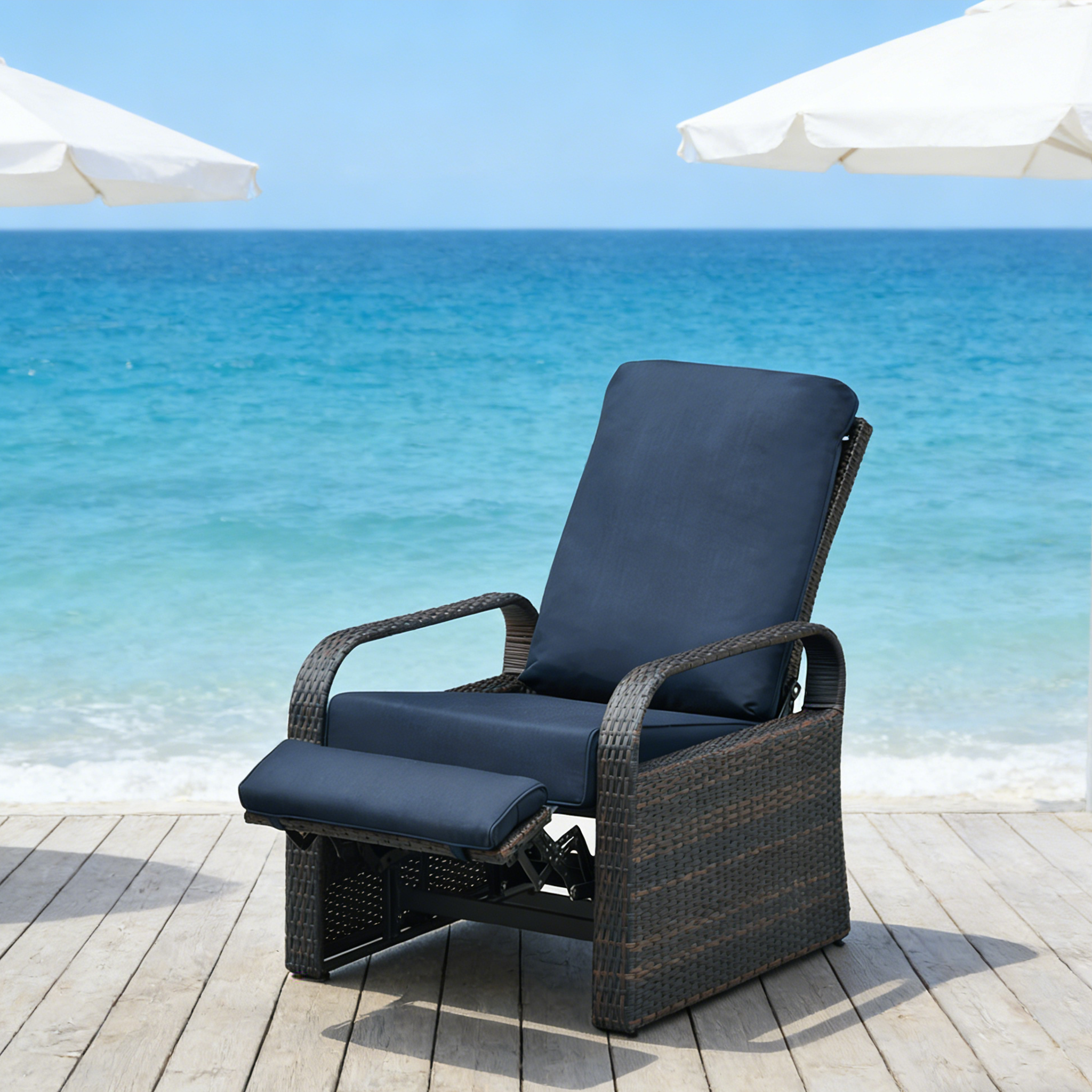 Arttoreal Outdoor Rattan Recliner / Rattan Sofa Recliner / Aluminum Frame Recliner / Cushioned Armchair