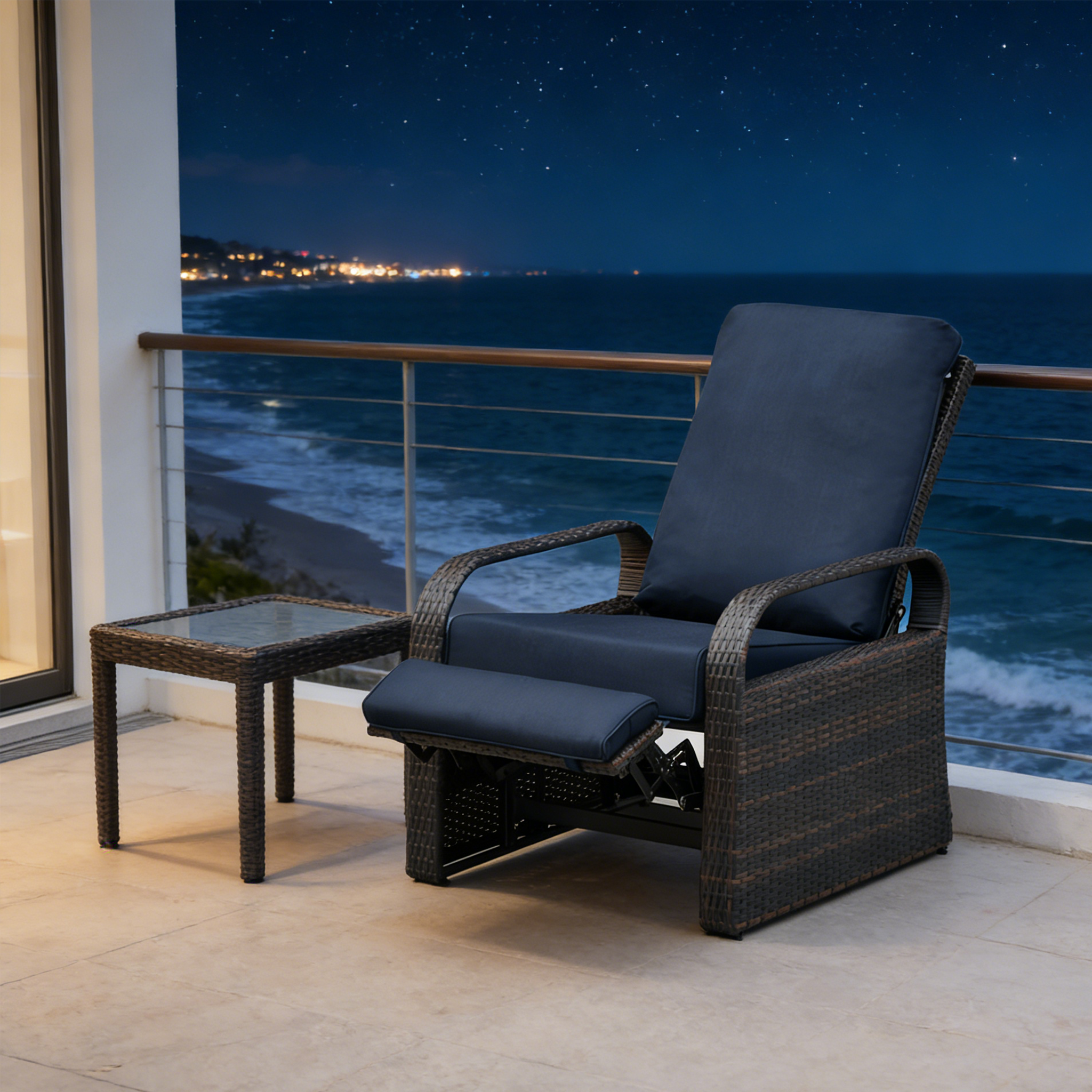 Arttoreal Outdoor Rattan Recliner / Rattan Sofa Recliner / Aluminum Frame Recliner / Cushioned Armchair