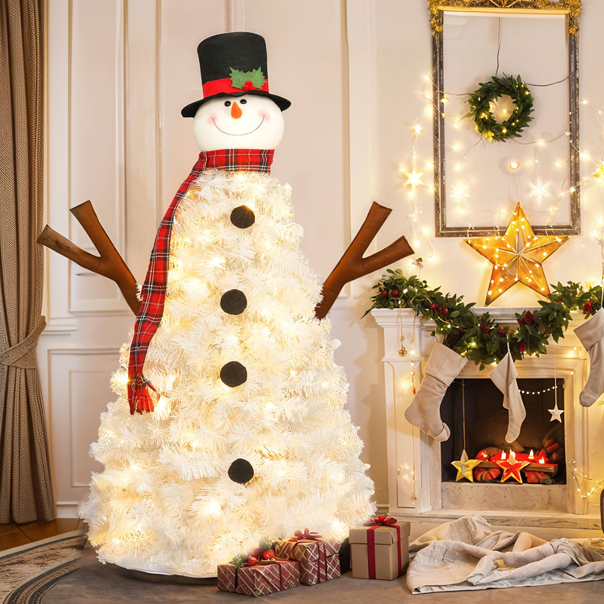 4ft Pre-Lit Snowman Christmas Tree with 100 Lights, 380-Tip PVC Artificial Tree for Indoor/Outdoor Holiday Decoration
