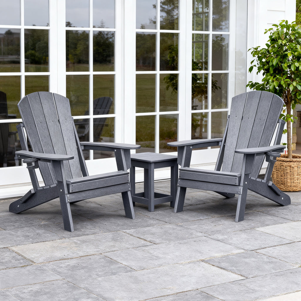 3-piece folding Adirondack chair set with cushions, patio fireplace chair, outdoor weather-resistant chair, with cup holder and coffee table, suitable for patio, backyard, and garden.
