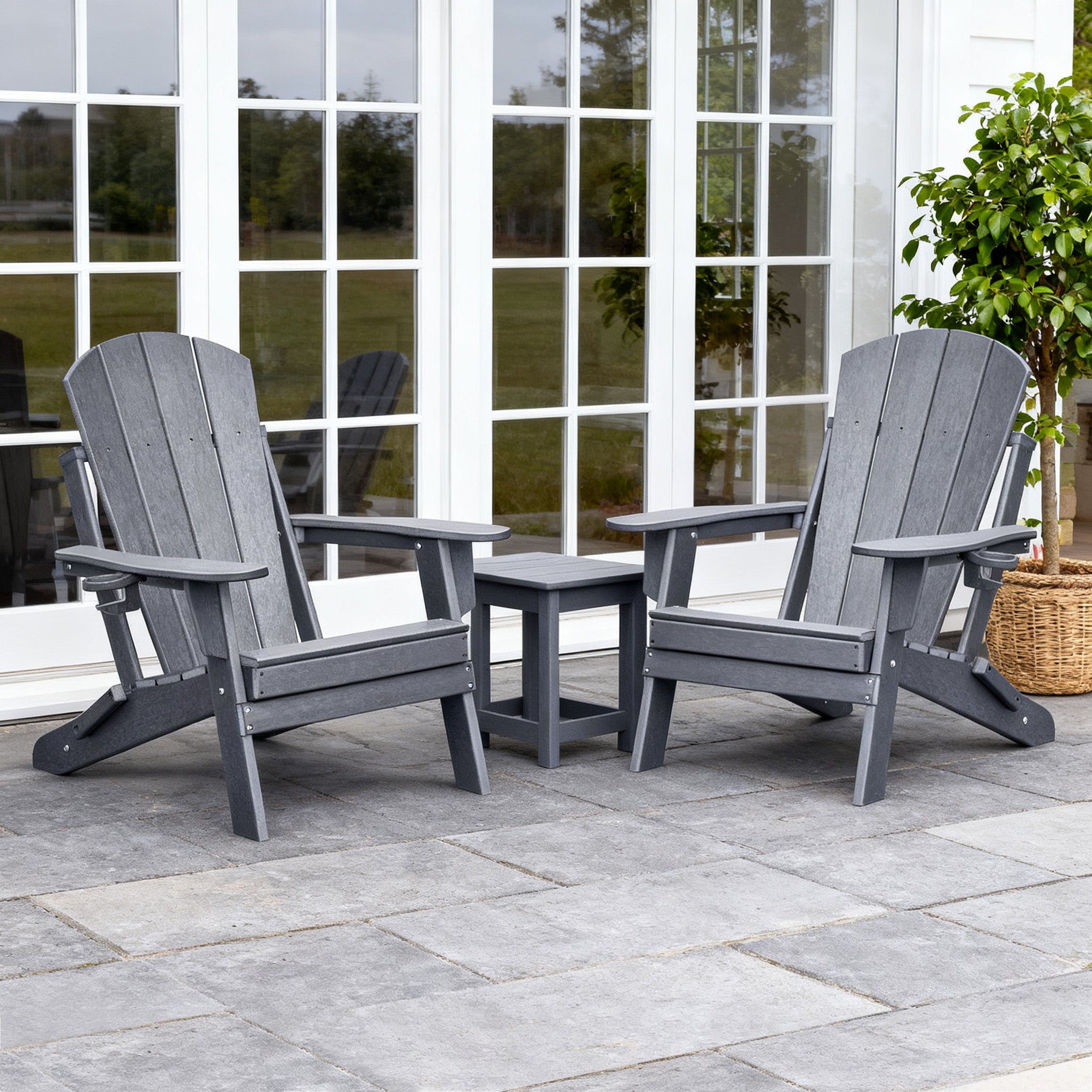 3-piece folding Adirondack chair set with cushions, patio fireplace chair, outdoor weather-resistant chair, with cup holder and coffee table, suitable for patio, backyard, and garden.