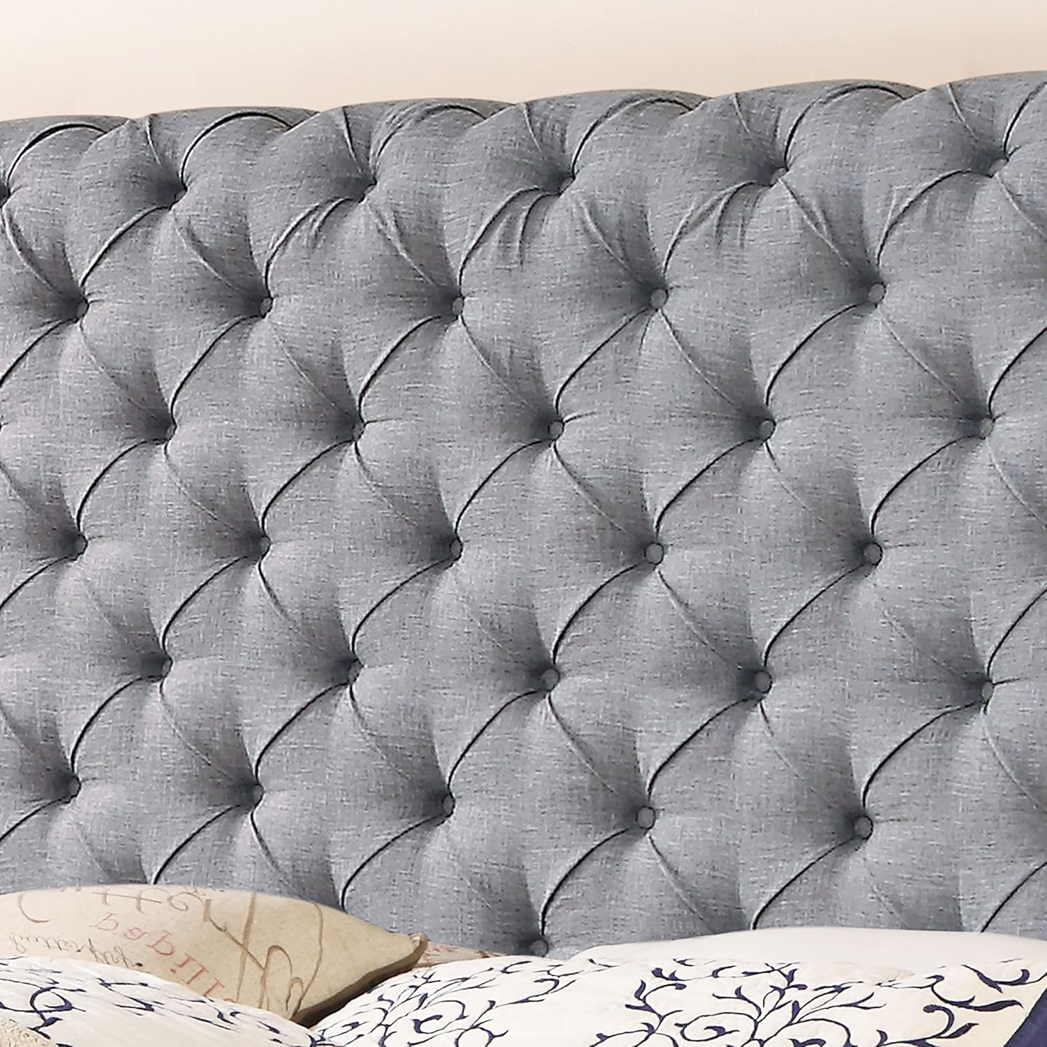 Upholstered fabric bed frame with adjustable headboard, Chesterfield style, wooden slatted supports, easy to assemble, single size