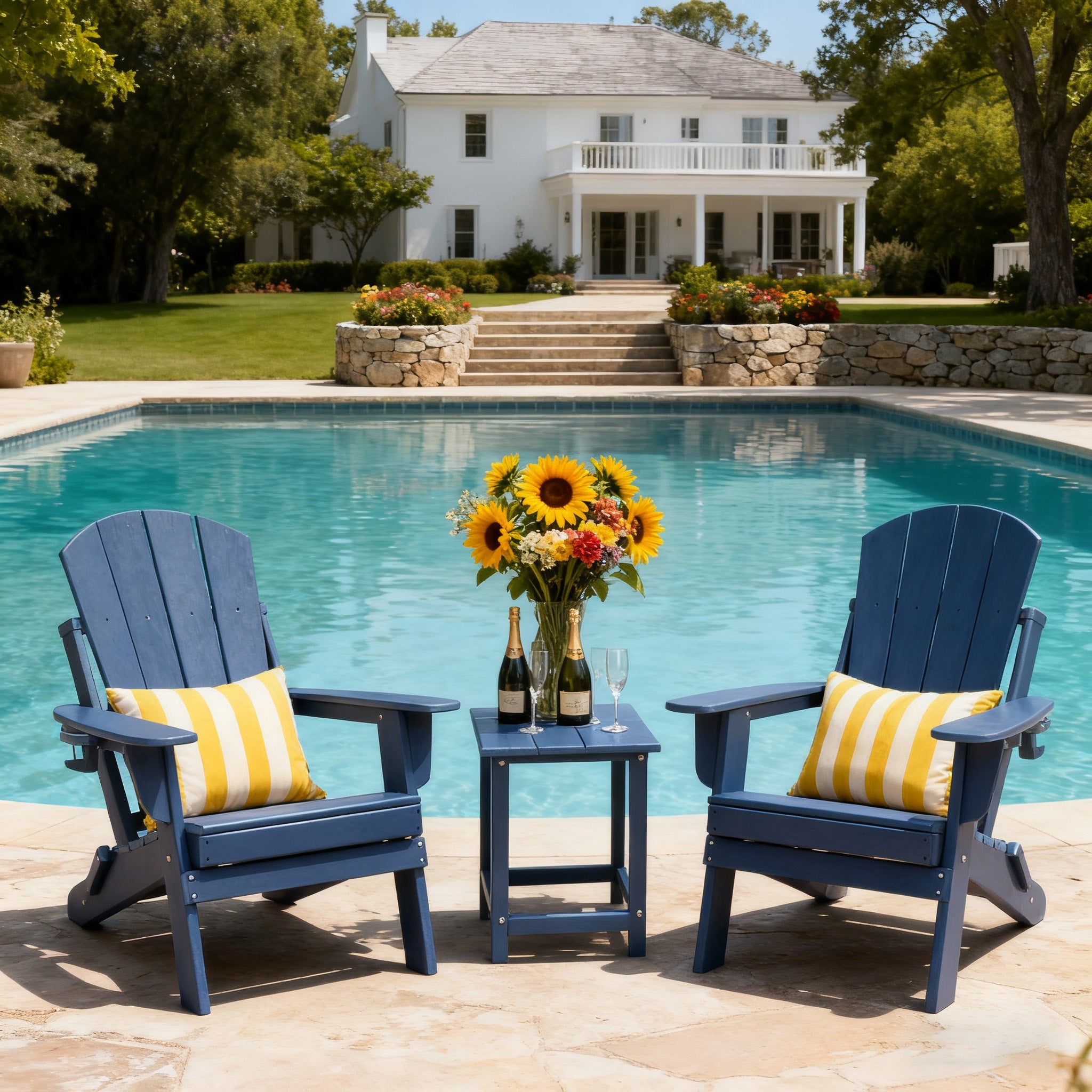 3 Pieces Folding Adirondack Chairs, Patio Fire Pit Chairs, Outdoor Weather Resistant Lounger with Cup Holder, Coffee Table for Deck, Backyard, Garden