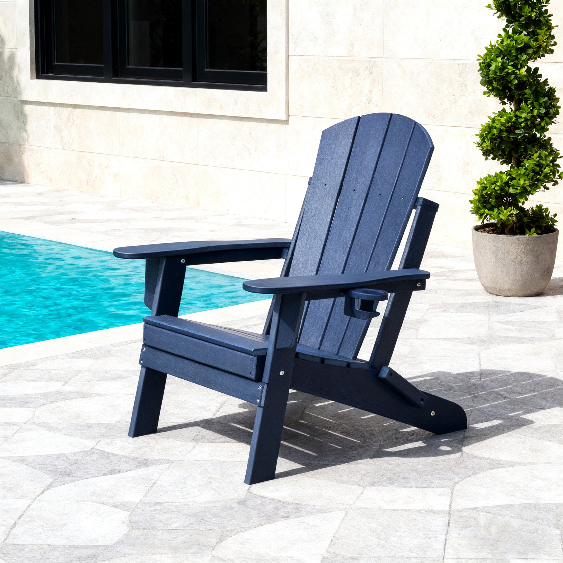 Folding Adirondack Chair, Patio Fire Pit Chairs, Outdoor Weather Resistant Chair Lounger with Cup Holder for Deck, Backyard, Garden