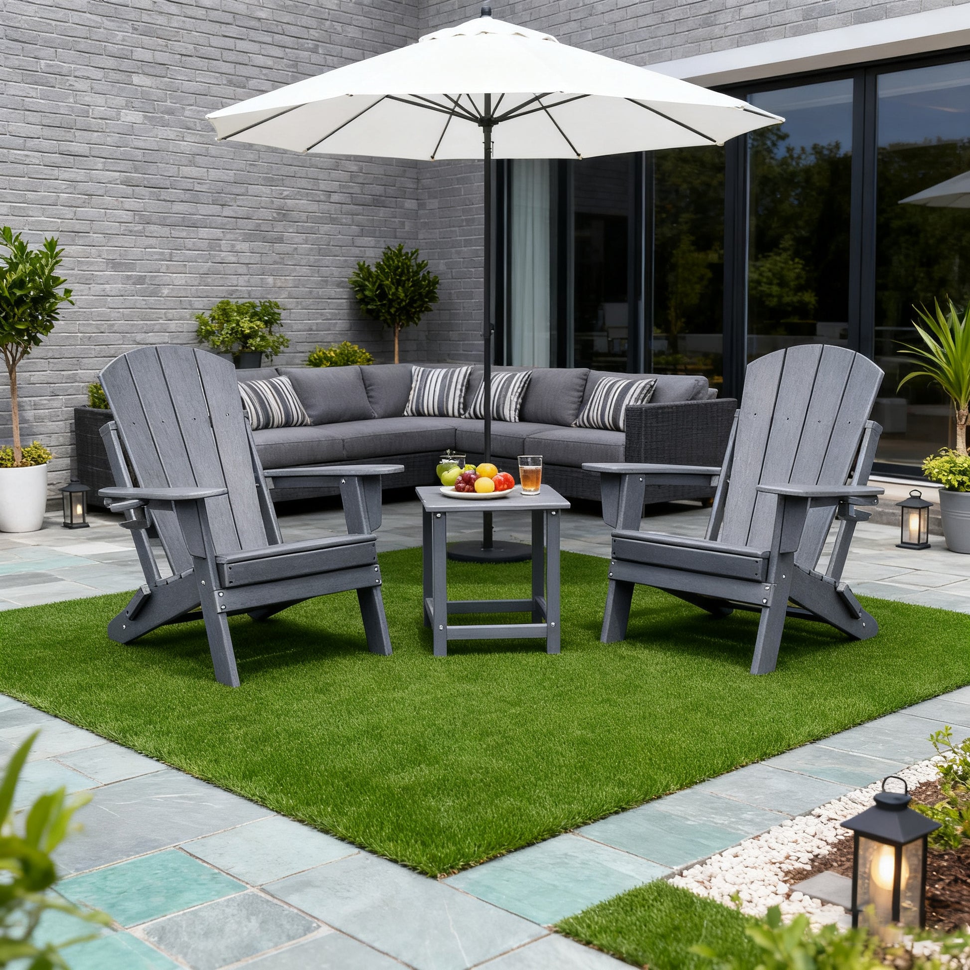 3 Pieces Folding Adirondack Chairs, Patio Fire Pit Chairs, Outdoor Weather Resistant Lounger with Cup Holder, Coffee Table for Deck, Backyard, Garden