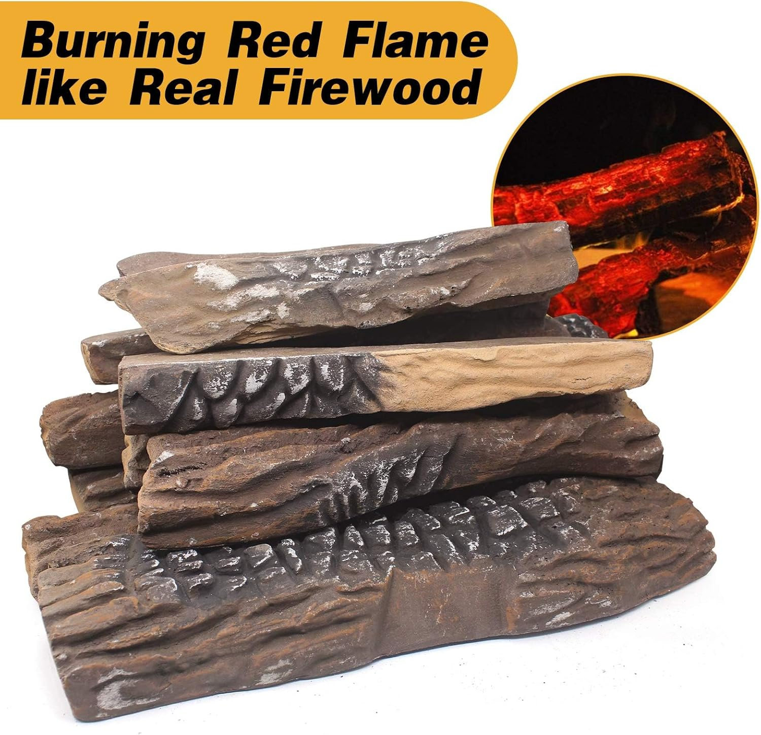 Arttoreal 10PCS Large Gas Fireplace Logs,Ceramic Wood Fire Pit Logs Decorations Indoor and Outdoor