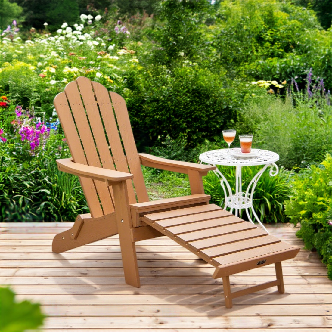 Patio Folding Adirondack Chair with Retractable Ottoman, Cup Holder for Porch, Pool, Deck, Backyard, Garden
