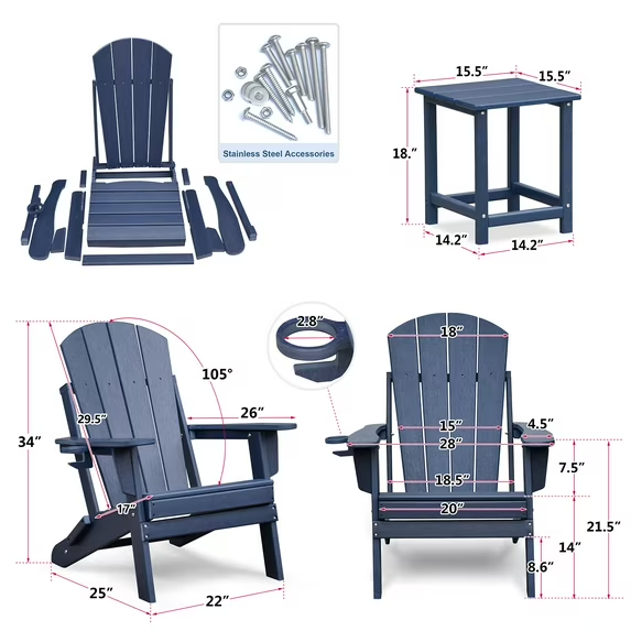 3-piece folding Adirondack chair set with cushions, patio fireplace chair, outdoor weather-resistant chair, with cup holder and coffee table, suitable for patio, backyard, and garden.