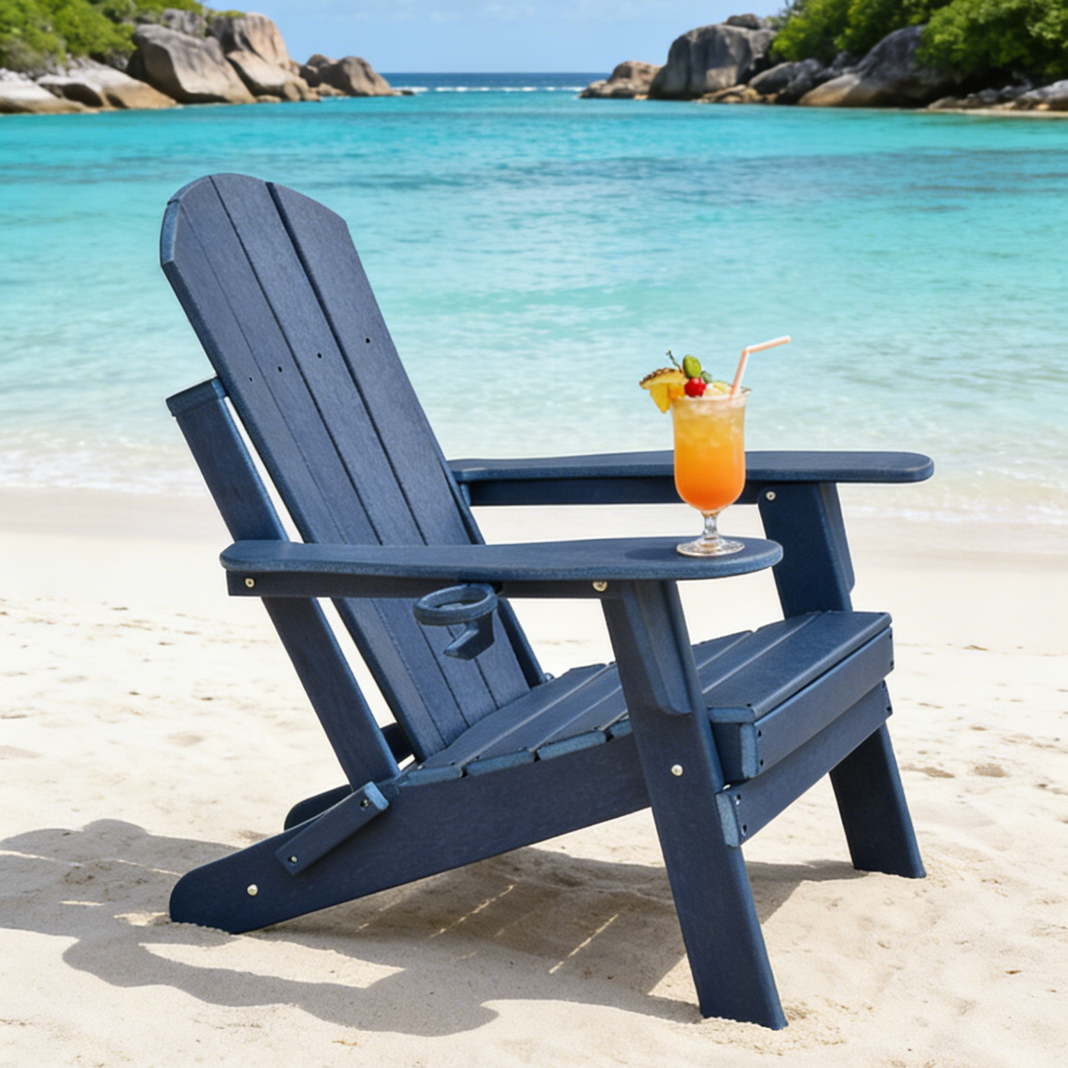 Folding Adirondack Chair with Cup Holder – Outdoor HDPE Patio Chair for Fire Pit, Backyard & Deck (350 lbs)