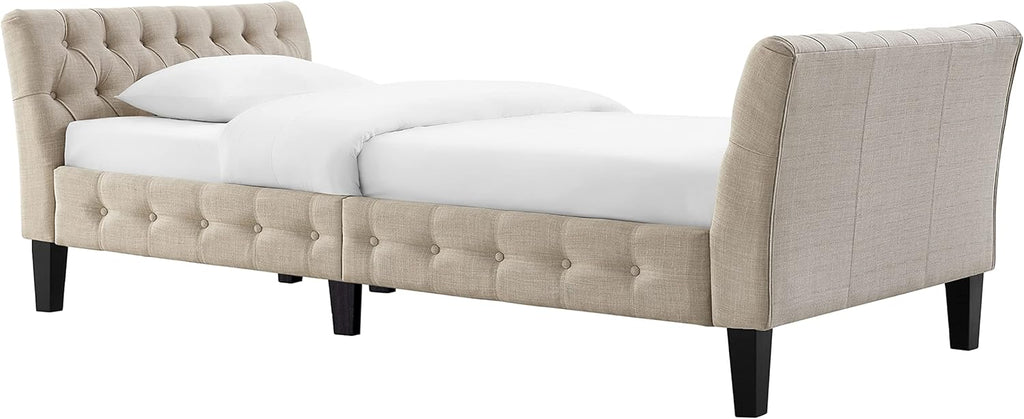 Button tufted, high quality polyester fiber cushion, wooden legs, easy to assemble, single bed, living room, bedroom sofa bed, sofa bed without backrest, warm beige