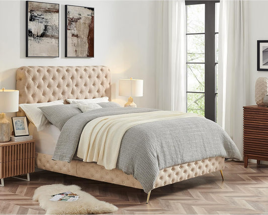 Upholstered Tufted Platform Bed with Deep Button Tufting and Custom Gold Metal Legs, Queen Size Bed Frame, Easy to Assemble, Queen Size Bed Frame