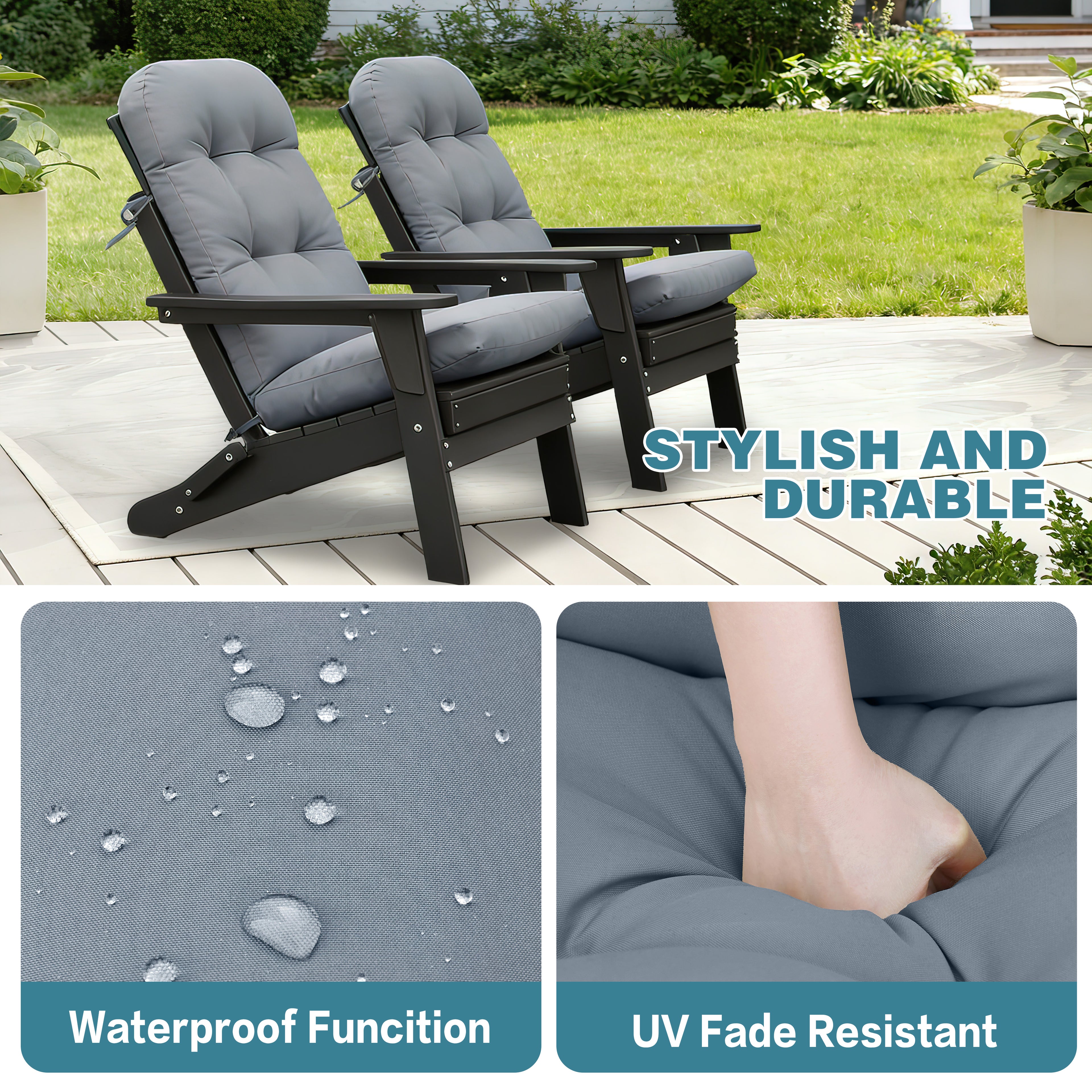 3-piece folding Adirondack chair set with cushions, patio fireplace chair, outdoor weather-resistant chair, with cup holder and coffee table, suitable for patio, backyard, and garden.