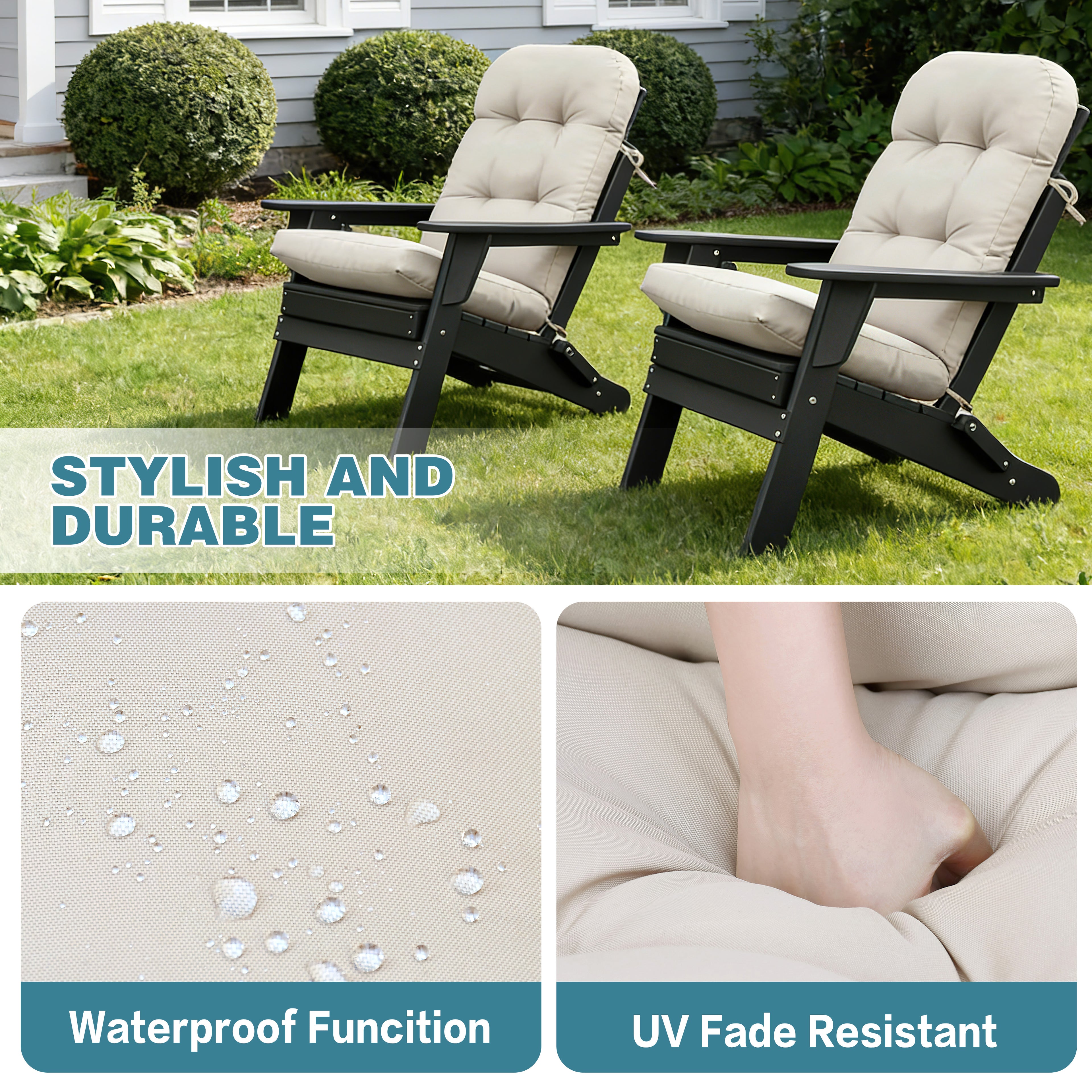 3-piece folding Adirondack chair set with cushions, patio fireplace chair, outdoor weather-resistant chair, with cup holder and coffee table, suitable for patio, backyard, and garden.