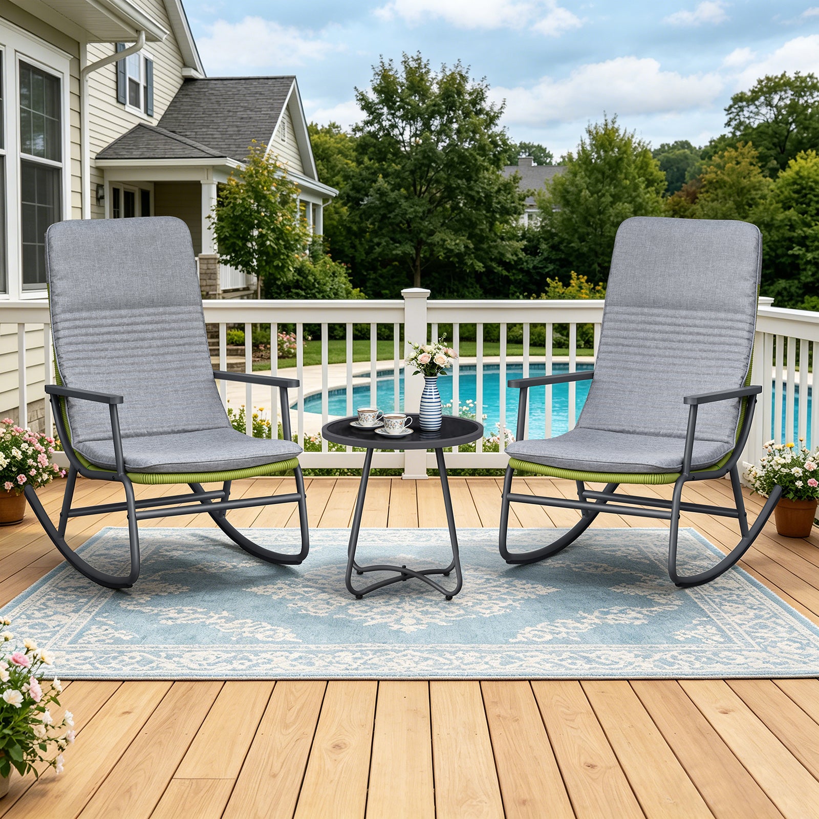 Arttoreal 3-Piece Patio Rocking Chair Bistro Set, Heavy Duty 330 LBS Rocking Chairs with 17.3" Side Table, Gray Cushion & Green Wicker for Garden, Balcony