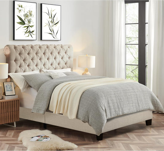 Upholstered fabric bed frame with adjustable headboard, Chesterfield style, wooden slatted supports, easy to assemble, single size