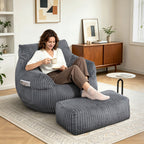 Arttoreal Bean Bag Chair with Ottoman, Corduroy Beanbag Sofa with Footrest for Adults, Grey