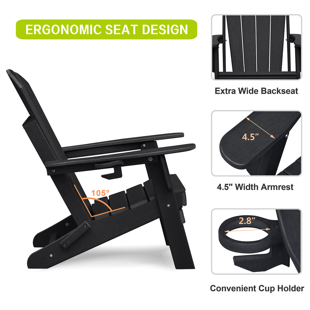 3-piece folding Adirondack chair set with cushions, patio fireplace chair, outdoor weather-resistant chair, with cup holder and coffee table, suitable for patio, backyard, and garden.