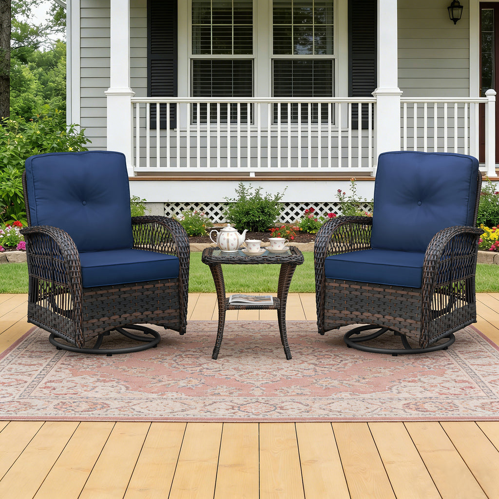 Arttoreal Outdoor Swivel Rocker Patio Chairs Set of 2 and Matching Side Table / 3 Piece Wicker Patio Bistro Set with Premium Fabric Cushions