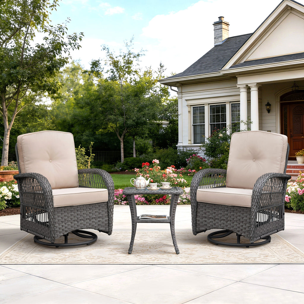 Arttoreal Outdoor Swivel Rocker Patio Chairs Set of 2 and Matching Side Table / 3 Piece Wicker Patio Bistro Set with Premium Fabric Cushions