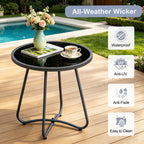 Arttoreal  Outdoor Side Table, 17.3" Round Glass Top Patio End Table, 17.7" Height with Metal Frame for Backyard, Deck, Balcony