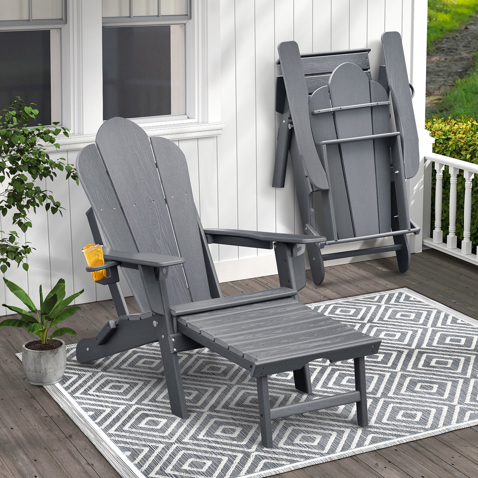 【Arttoreal】 New Adirondack-Chairs-with-Ottoman  | Folding | Retractable-Footrest | HDPE Plastic | All Weather Fire Pit Chair | Cup Holders | Blue | for Outdoor Poolside
