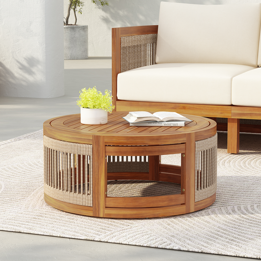 27.95" Acacia Wood Outdoor Coffee Table - Handwoven Rope Accent Boho Patio Table with All-Weather Durability
