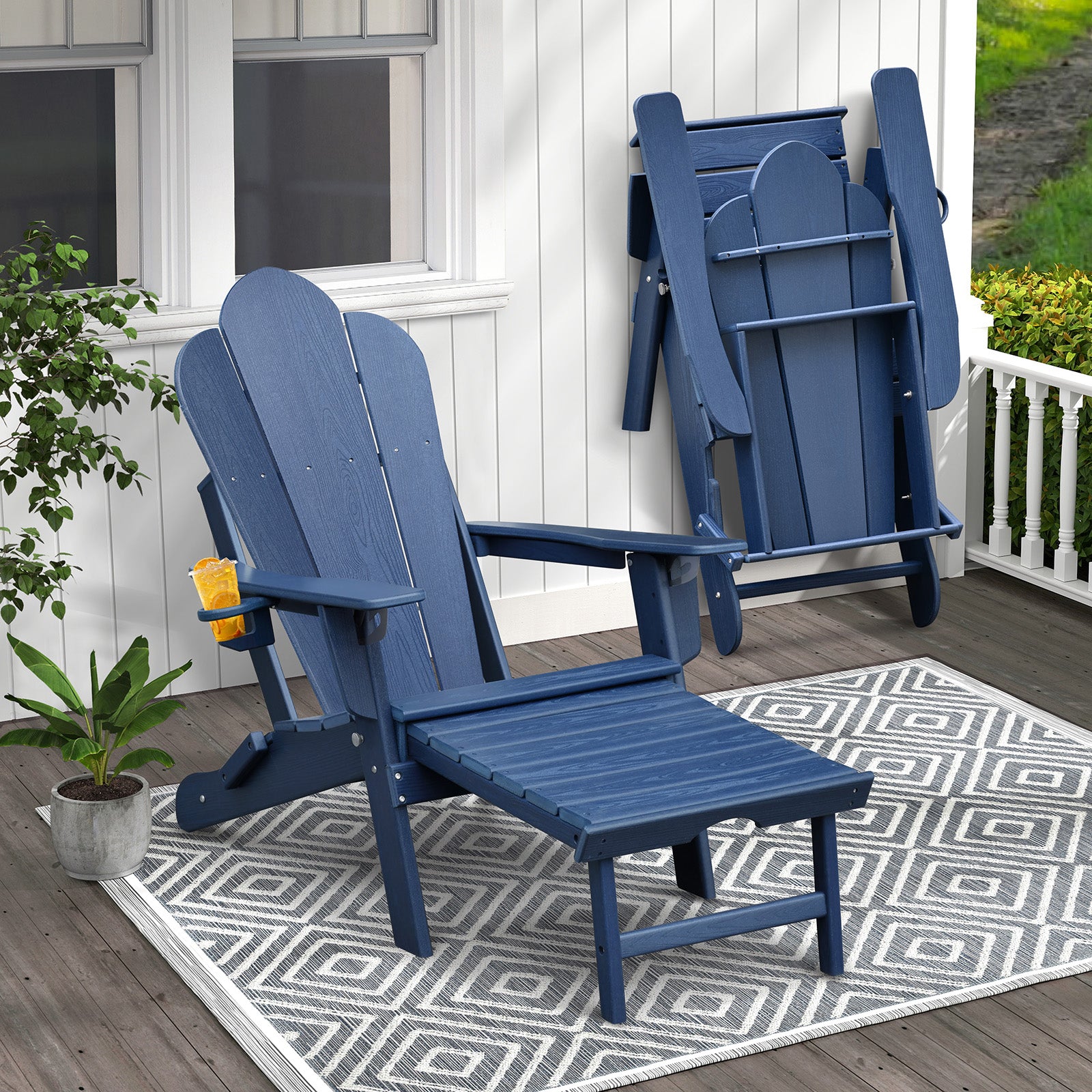【Arttoreal】 New Adirondack-Chairs-with-Ottoman  | Folding | Retractable-Footrest | HDPE Plastic | All Weather Fire Pit Chair | Cup Holders | Blue | for Outdoor Poolside