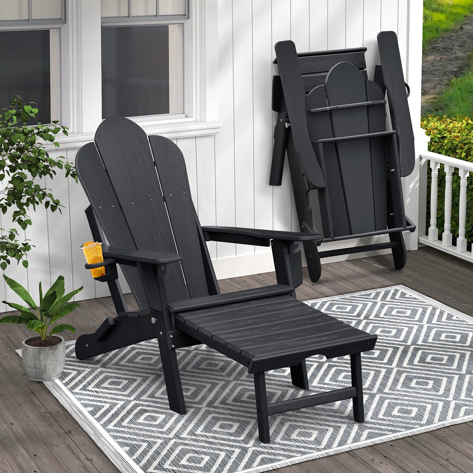 【Arttoreal】 New Adirondack-Chairs-with-Ottoman  | Folding | Retractable-Footrest | HDPE Plastic | All Weather Fire Pit Chair | Cup Holders | Blue | for Outdoor Poolside