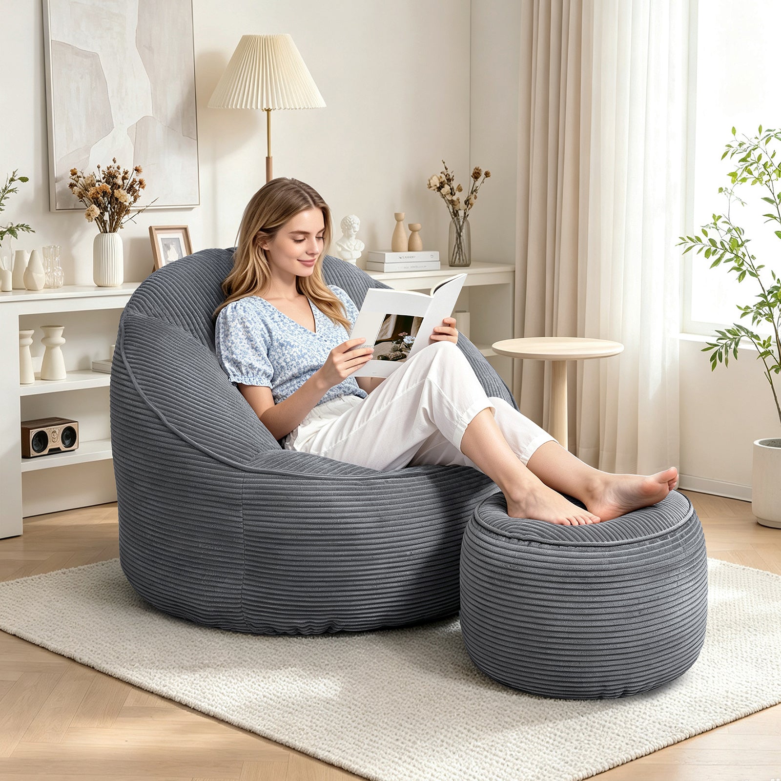 Arttoreal Bean Bag Chair with Foot Stool, 40.5" Corduroy Bean Bag Sofa for Living Room Bedroom