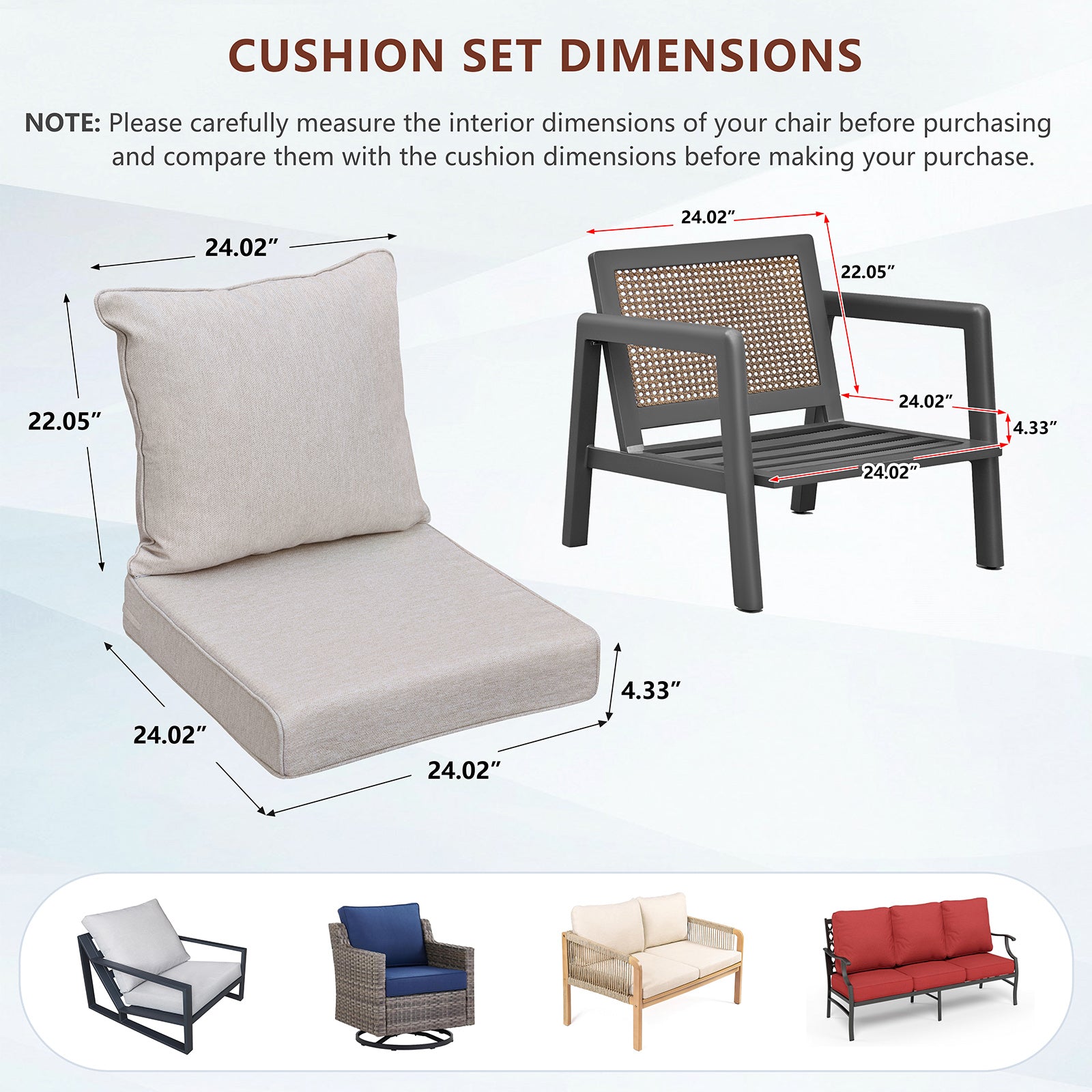 Arttoreal Outdoor Deep Seat Cushion Set, 24 x 22 x 4.3 in Seat and Back Replacement Cushions for Patio Furniture, Water-Resistant Fabric
