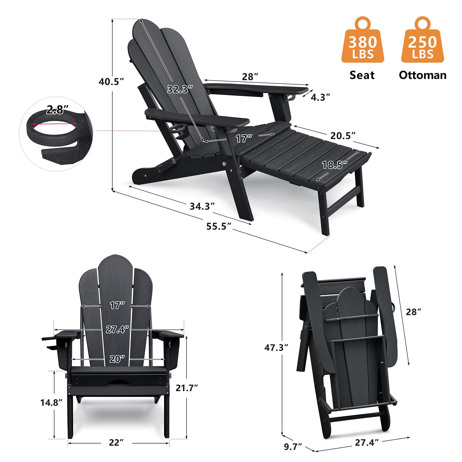 【Arttoreal】 New Adirondack-Chairs-with-Ottoman  | Folding | Retractable-Footrest | HDPE Plastic | All Weather Fire Pit Chair | Cup Holders | Blue | for Outdoor Poolside