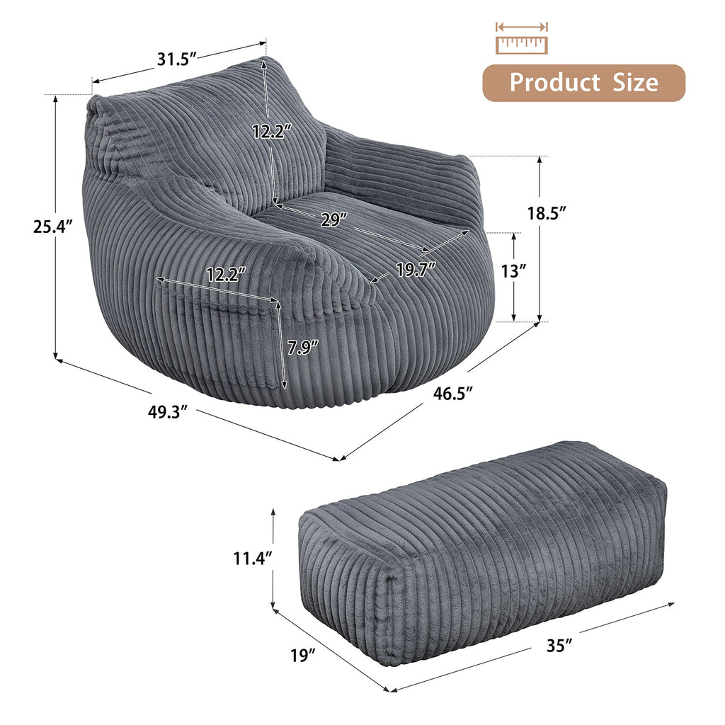 Arttoreal Bean Bag Chair with Ottoman, Corduroy Beanbag Sofa with Footrest for Adults, Grey