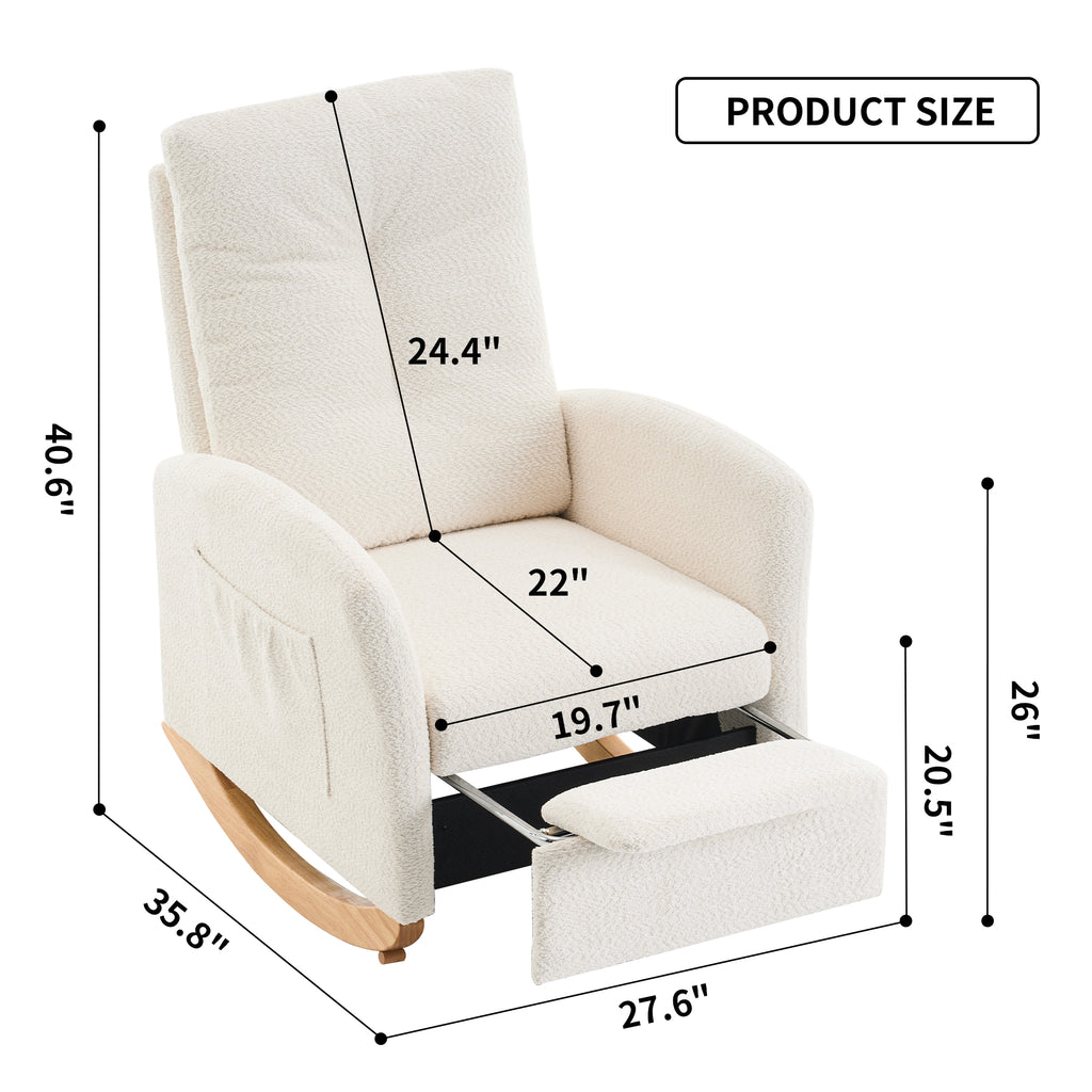 Rocking chair with footstool, high back, rubber wood rocking legs, bedroom living room
