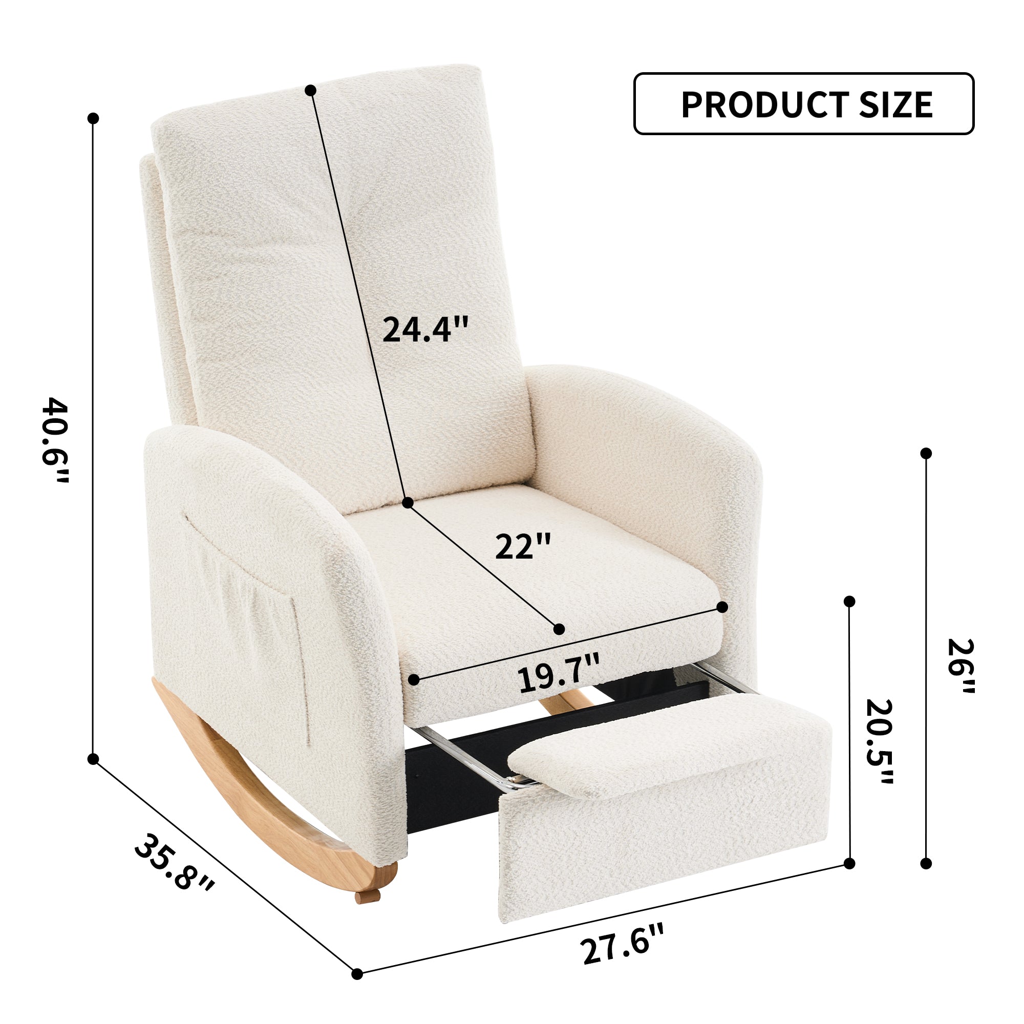Rocking chair with footstool, high back, rubber wood rocking legs, bedroom living room