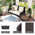 2-Person Wicker Hanging Porch Swing with Chains, Cushion, Pillow, Rattan Swing Bench for Garden, Backyard, Pond.