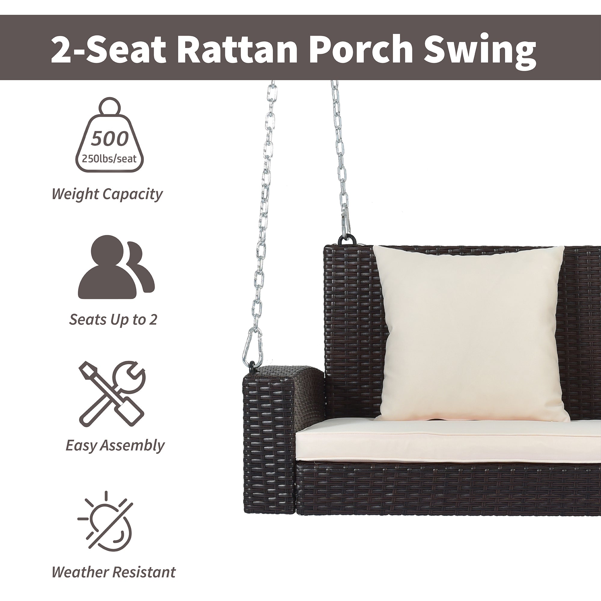 2-Person Wicker Hanging Porch Swing with Chains, Cushion, Pillow, Rattan Swing Bench for Garden, Backyard, Pond.