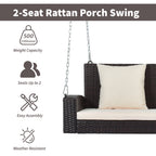 2-Person Wicker Hanging Porch Swing with Chains, Cushion, Pillow, Rattan Swing Bench for Garden, Backyard, Pond.